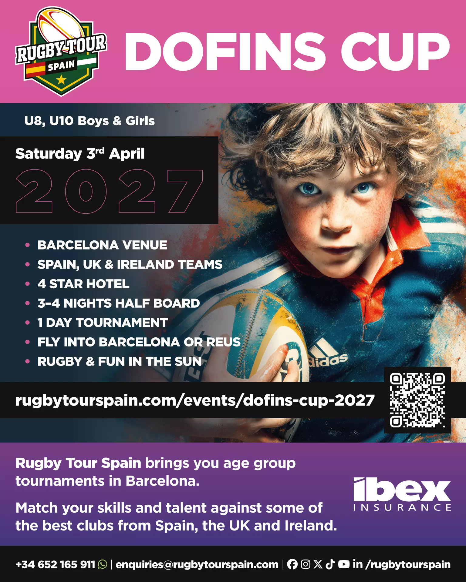 Poster for the Dofins Cup 2027 for U8 to U10 boys and girls in Barcelona.