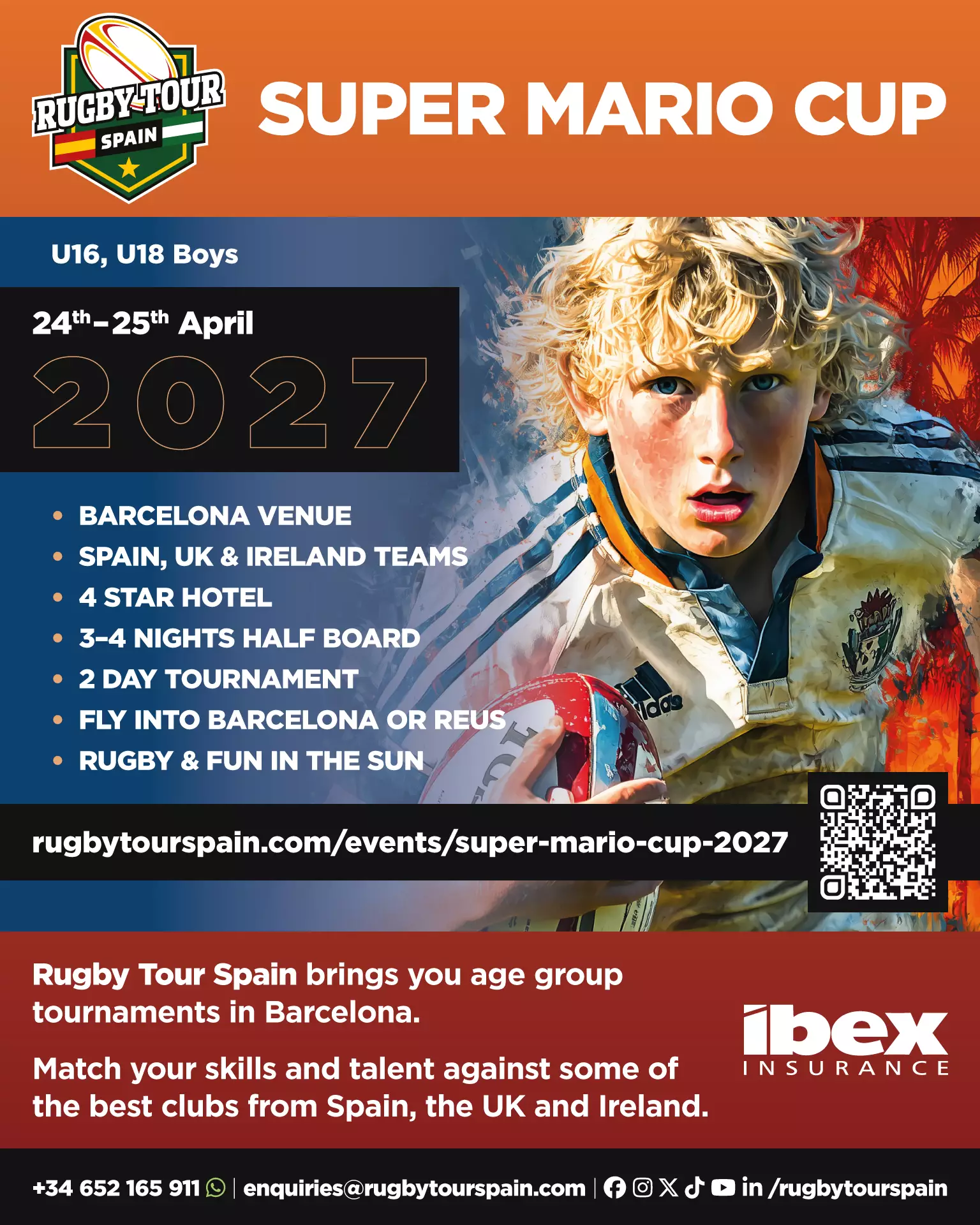 Poster for the two day Super Mario Cup 2027 for U16 to U18 boys in Barcelona.